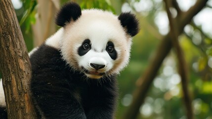 Obraz premium Playful panda cub climbing with mother in lush forest wildlife photography natural habitat close-up view