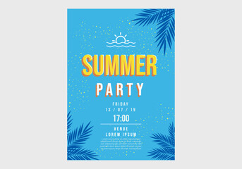Vertical blue summer party background with graphic elements and text. 