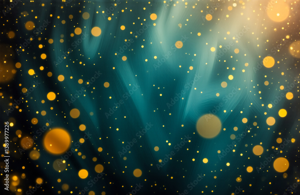 Fototapete a dreamy background of teal and gold bokeh lights. soft, blurry circles create a magical, sparkling 