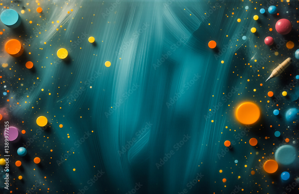 Poster teal backdrop with soft blurry light rays and scattered vibrant colorful dots. abstract and decorati