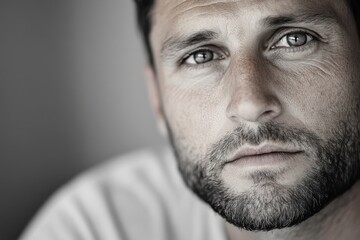 Fototapeta premium A close-up portrait of a young man with striking eyes and a rugged beard, conveying deep emotions and thoughtfulness in a soft black and white setting.