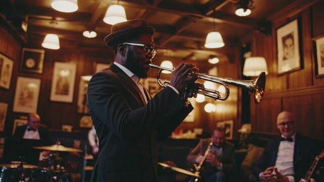 African american man playing trumpet in jazz club with energetic band performance