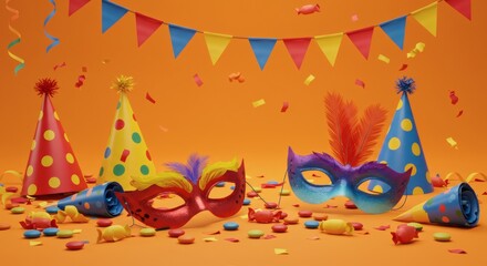 Celebrating Party Time with Masks Confetti and Festive Decorations