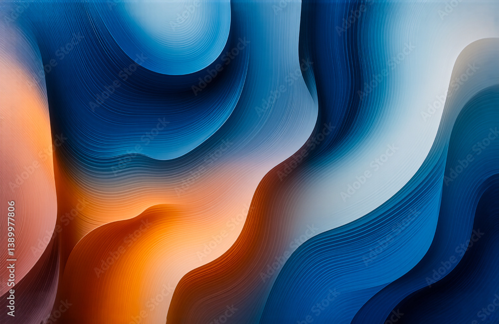 Poster Abstract background featuring flowing blue, orange, and white shapes. Soft curves and smooth transitions create a visually appealing modern artwork.