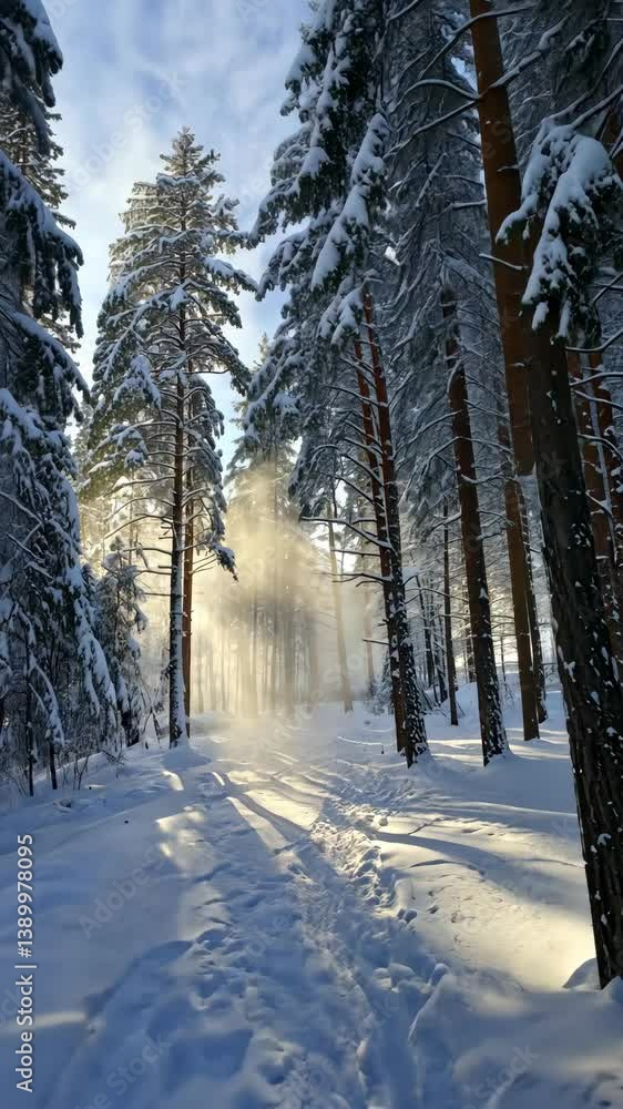 Poster snow-covered forest path with sunlight filtering through trees on a winter day in a serene landscape