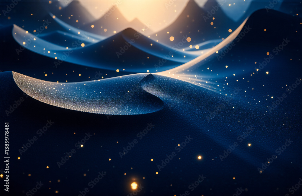 Poster an abstract digital artwork presents flowing blue and gold waves, illuminated by a soft golden light