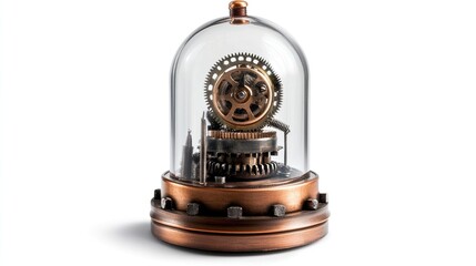 Intricate clockwork mechanism encased in glass dome.
