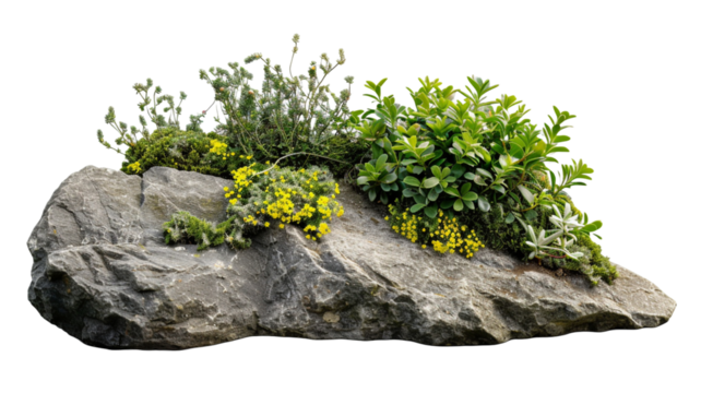 Large rock with overgrown foliage and moss, plants and foliage around, green nature, isolated on transparent background.

 - Powered by Adobe