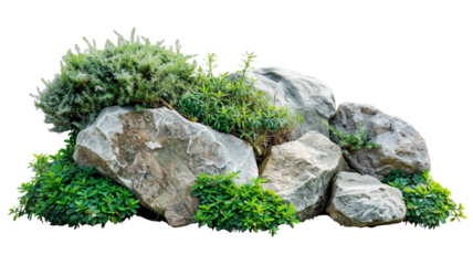 Cutout garden design Flower bed isolated on white background Flowering shrub and stones for landscaping Decorative green plants and flowers on white or transparent background.