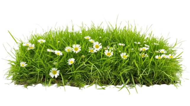 Green grass with wild flowers daisy on transparent background.

