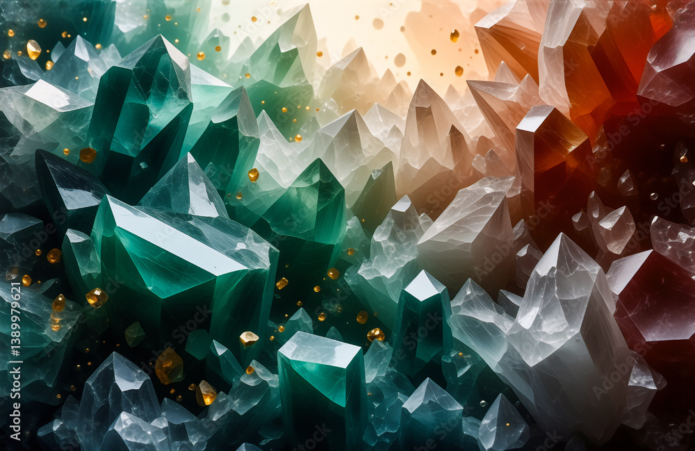 Aufkleber vibrant sharp crystals in green and white hues cluster, illuminated by a warm orange light source cr