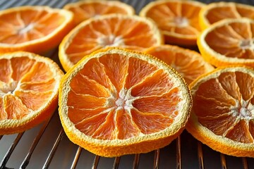Brightly colored orange slices sit on a cooling rack, showcasing their textured surfaces.
