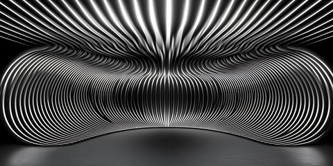 Futuristic architectural installation featuring luminous stripes pattern design