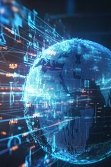 Innovative digital globe with data analytics and global network visualization, enhancing technology insights and international connectivity solutions.