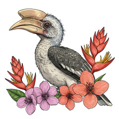 Hornbill bird illustration with tropical flowers on a black background