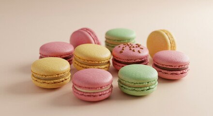 Obraz premium A delightful assortment of pastel-colored macarons, meticulously arranged on a soft pink background, evokes feelings of sweetness and elegance.