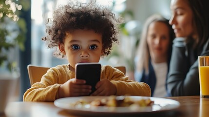 Cute toddler using smartphone at breakfast table with family morning routine and digital lifestyle concept