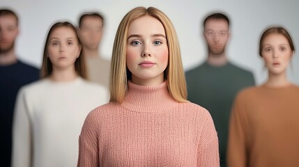 Overload workplace burnout. A focused young woman stands prominently in the foreground, surrounded by indistinct figures, emphasizing her individuality and presence.