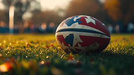 professional rugby ball lies on the grass of the field surrounded by the stadium, banner, copy space