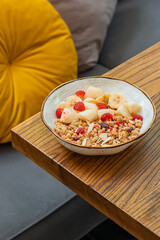 A fresh and delicious breakfast of cheesecakes and porridge