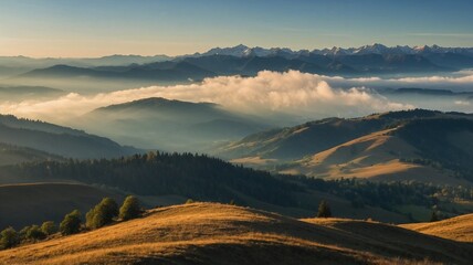 Obraz premium Hilly landscape with clouds, fog against high mountains