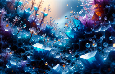 A dreamlike scene of luminous crystals and delicate plants adorned with water droplets in vibrant blue and purple hues, creating a magical and ethereal atmosphere.