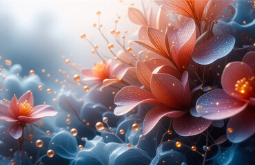 Fototapeta premium Dreamy floral scene with soft pink and orange blossoms, adorned with golden sphere accents. A gentle, ethereal atmosphere is created with a cool blue backdrop.
