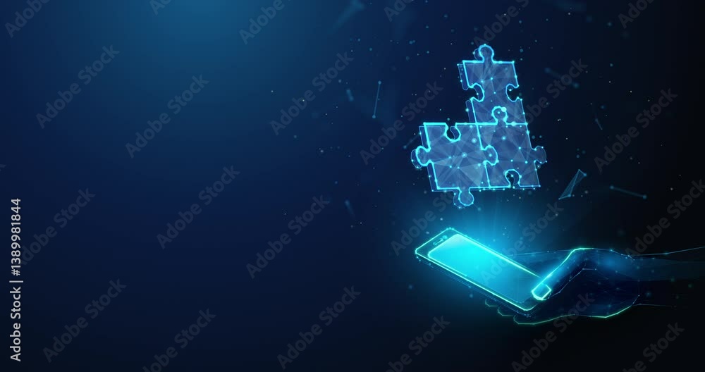 Poster lowpoly jigsaw puzzle hologram over smartphone in hand seamless abstract animation. business teamwor