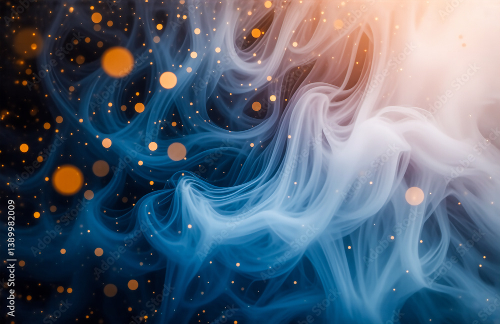Fototapete Abstract artwork featuring flowing blue and white shapes reminiscent of smoke or clouds, illuminated by soft golden bokeh lights against a dark backdrop, creating a dreamy, ethereal atmosphere.
