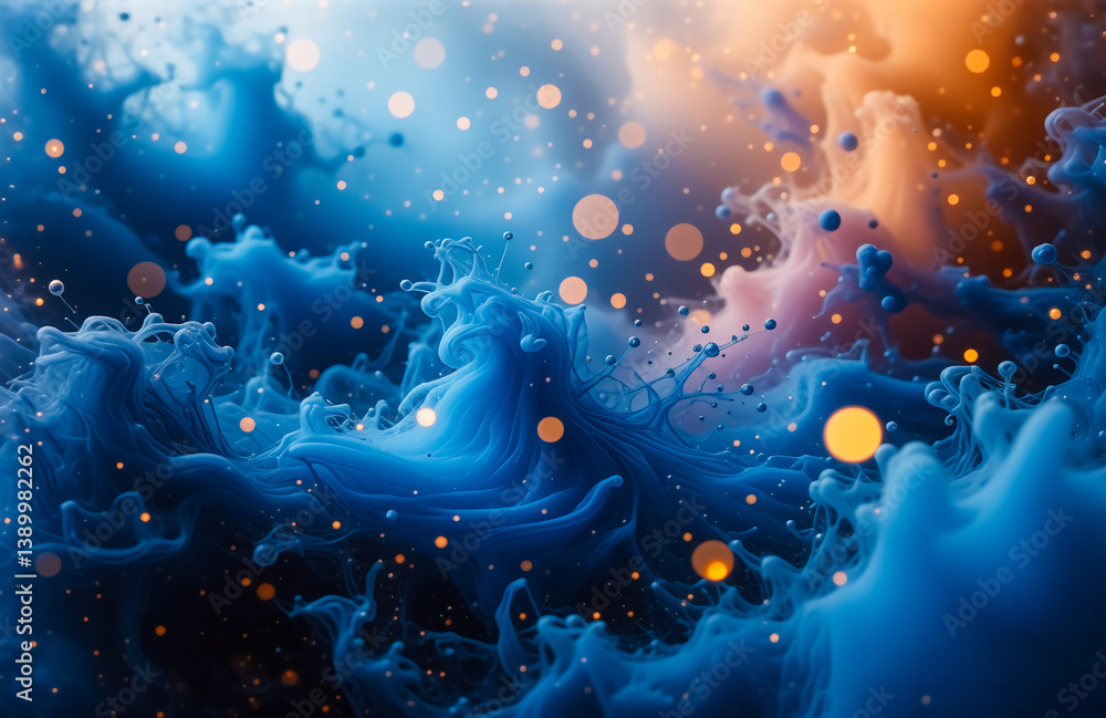 Poster a mesmerizing abstract blend of dark blue and warm orange hues creates a dreamy, cloud-like texture 