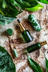 Luxurious natural skincare products featuring jade roller and green bottles. Enhance beauty routine with healing crystals and organic solutions.