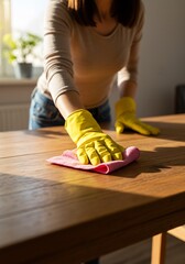 温かい日差しの中、丁寧に拭く木のテーブル 清潔感あふれる空間