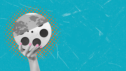 Modern art collage of a planet and movie film set against a blue background with copy space.