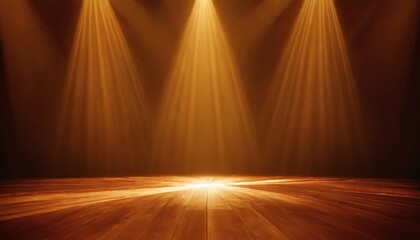 A spotlight shines down from the top left corner of an empty stage, creating beautiful light and shadow effects on dark brown background. The overall effect is clean and simple,gold, effect, photo,1