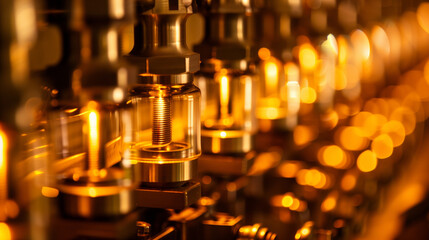 Close-up of precision machinery parts on assembly line with warm glow, showcasing advanced manufacturing technology and industrial automation process.