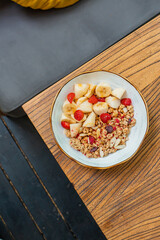 A fresh and delicious breakfast of cheesecakes and porridge