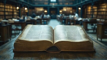 Obraz premium Open Book with Library Interior.