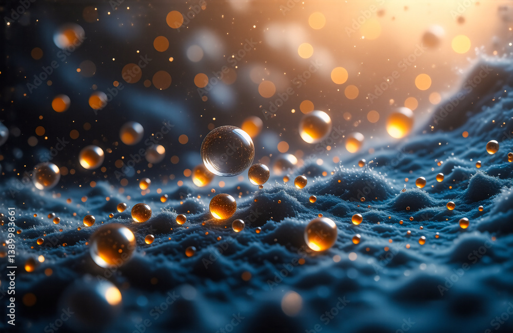 Aufkleber Golden and clear spheres float above a textured blue terrain. Warm bokeh lights and illuminated orbs create a dreamy, abstract and atmospheric scene.
