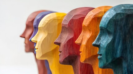 Colorful wooden heads in profile view symbolize diversity, inclusion. Representing diverse group. Concept photo for diversity in business. Suitable for inclusive workplace themes. Suggests acceptance