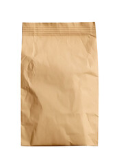 A paper bag with a rolled top, in a brown color, shown from the front view on Png Format and Transparent Background