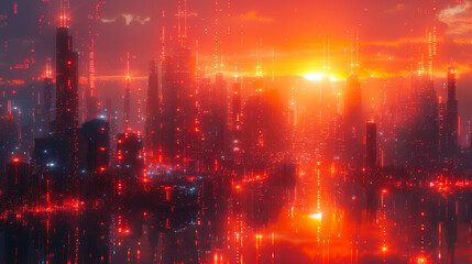 Futuristic Modern Cityscape at Sunset with Digital Communication Network, Abstract Technology Concept, Vibrant Red and Orange Digital Lights, High-Tech Urban Skyline