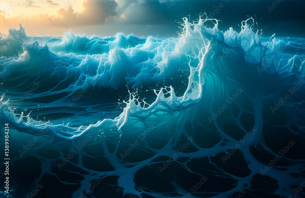 Aufkleber Dramatic ocean waves roll under a cloudy sky, sunlight breaks through, creating a powerful and dynamic seascape.