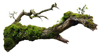 weathered tree branch, covered in patches of vibrant green moss, isolated on transparent background