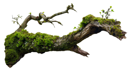 weathered tree branch, covered in patches of vibrant green moss, isolated on transparent background