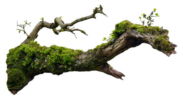 weathered tree branch, covered in patches of vibrant green moss, isolated on transparent background