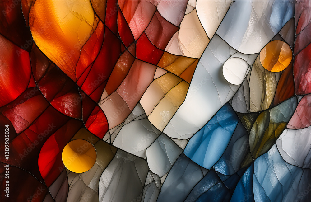 Poster A vibrant abstract image showcases geometric shapes and a dynamic interplay of colors.  Angular lines and rounded forms create a stained glass or mosaic-like effect, with rich reds, oranges, blues, an