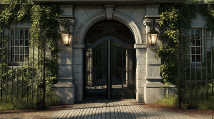 Obraz premium Stately Manor Gateway Featuring Switchable Access Merging Historic Charm with Modern Security and Timeless Elegance