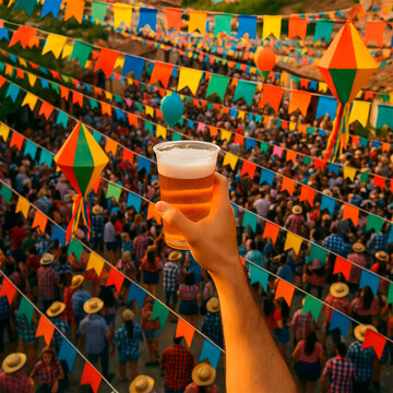 M&atilde;o ergue copo de cerveja sobre multid&atilde;o em festa junina