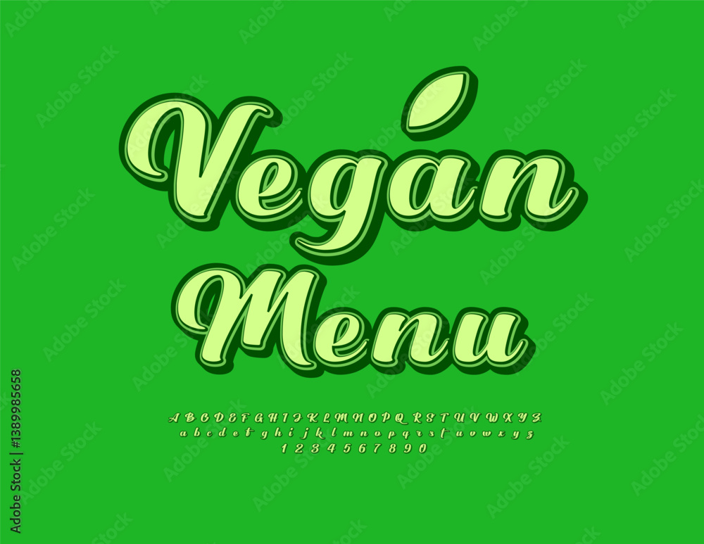 Poster vector green advertisement vegan menu for cafe. elegant cursive font. unique calligraphic alphabet l
