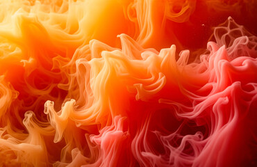 Obraz premium Abstract image featuring swirling orange, yellow, and red colors. Resembles smoke or paint mixing, creating a vibrant and dynamic visual texture.